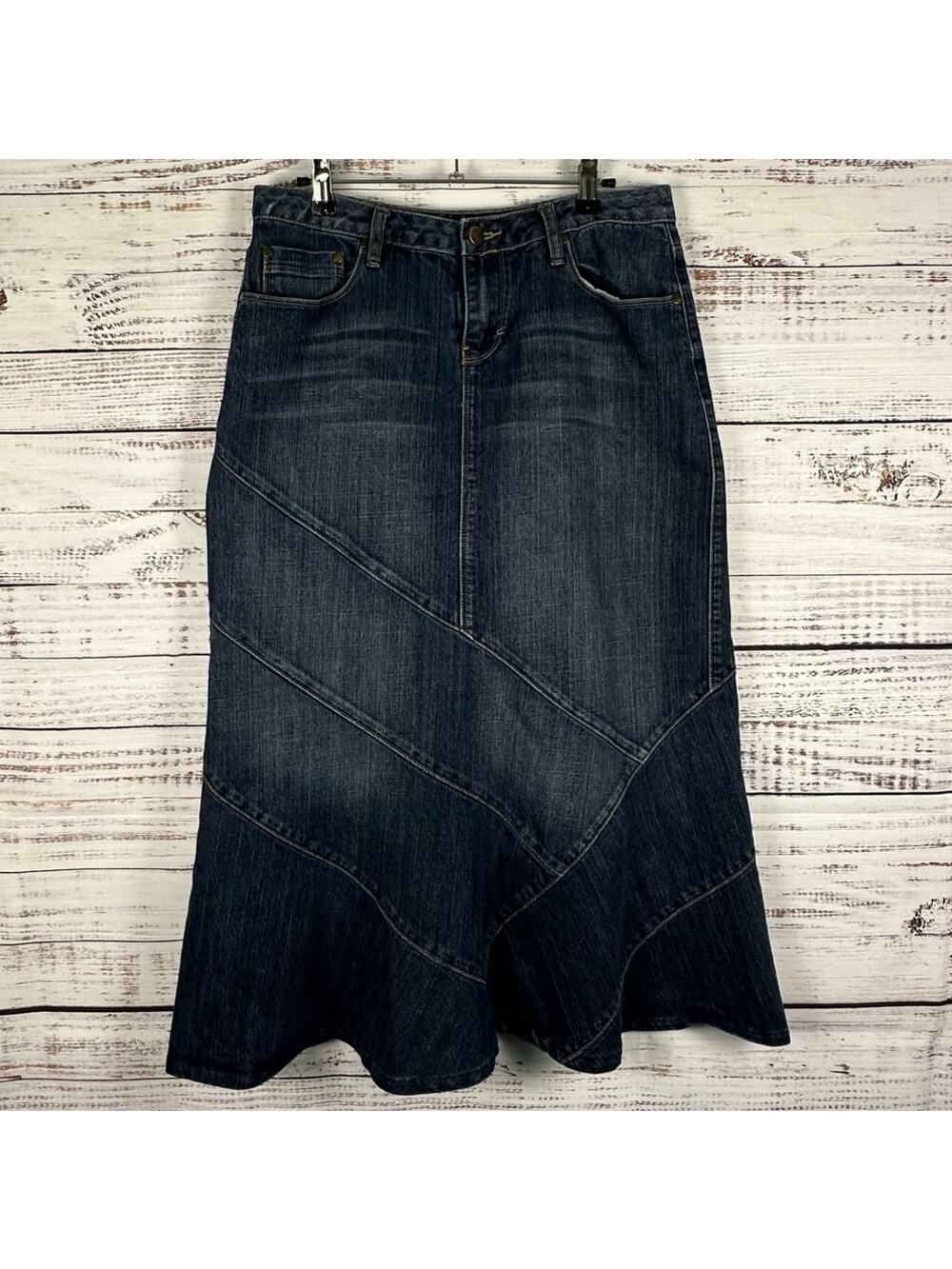 Womens Y2K CATO Denim Jean Midi Skirt Modest Flare Grunge Gorpcore Festival Sz 8